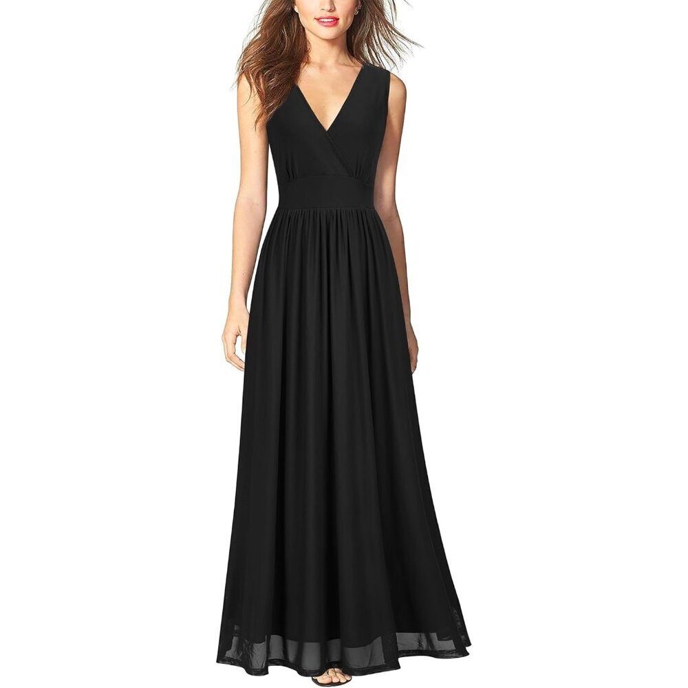 Women's Black Sleeveless Deep V Neck Mesh Plain Long Maxi Casual Dress